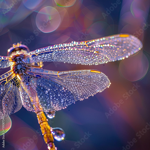 Dewy dragonfly wings glisten at dawn