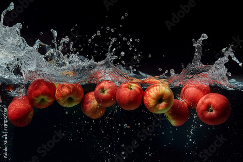 A bunch of ripe apples, with water droplets, falling into a deep black water tank. Generative aI. A002 photo