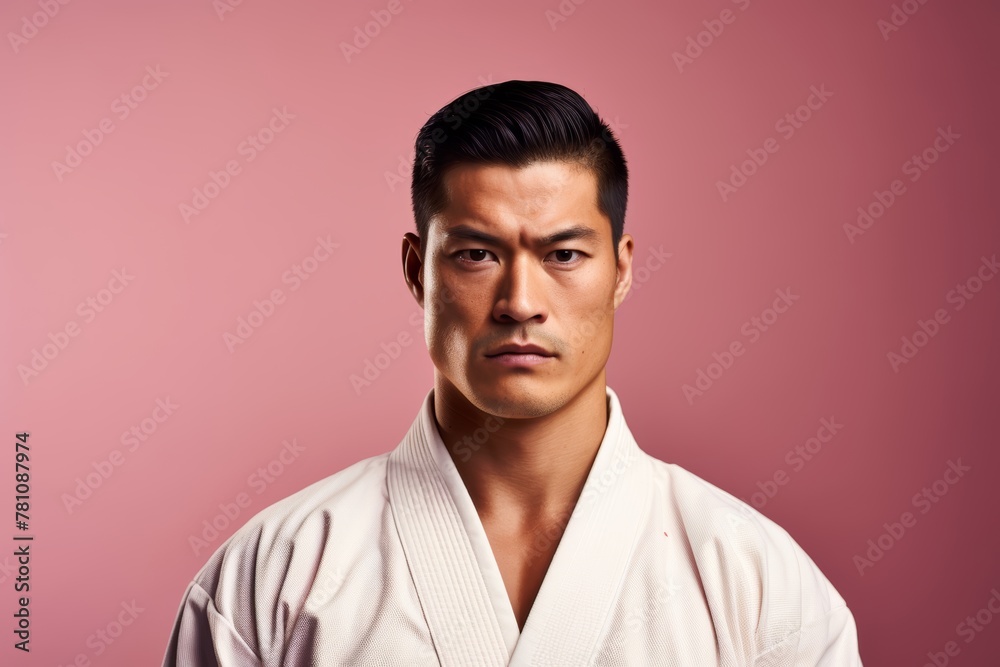 Portrait of a male karateka, confidently posing in his gi against a soft pink background, showcasing his Japanese martial arts heritage
Portrait of a male karateka, confidently posing in his gi against a soft pink background, showcasing his Japanese martial arts heritage