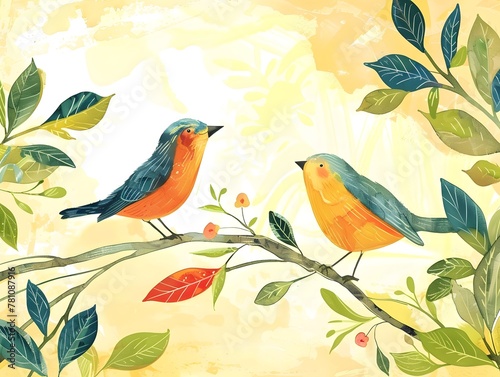Hand-painted illustration  two birds playing in the branches