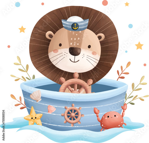 Watercolor Illustration Cute Lion the Sailor in Little Boat