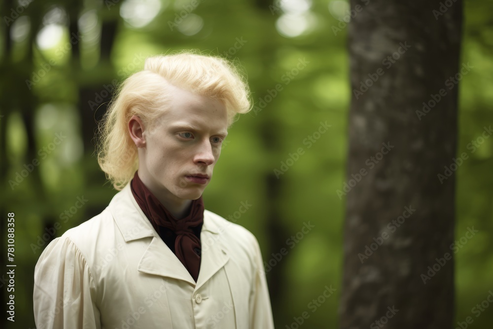 A young albino gentleman, resembling a Romantic poet from the 19th century, captured in a moment of introspection amidst nature, expressing creativity and passion A young albino gentleman, resembling a Romantic poet from the 19th century, captured in a moment of introspection amidst nature, expressing creativity and passion
