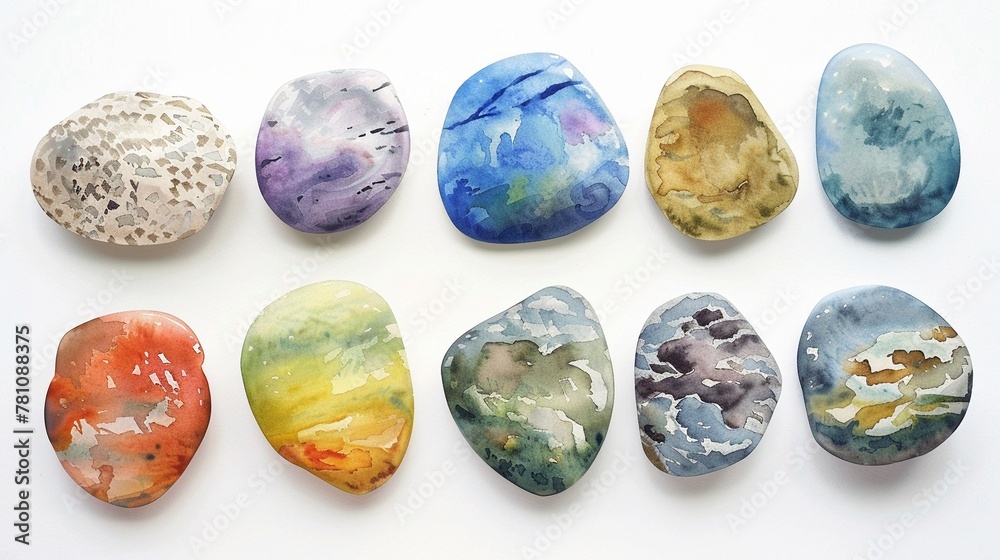 A series of watercolor painted stones each with a name of a disciple