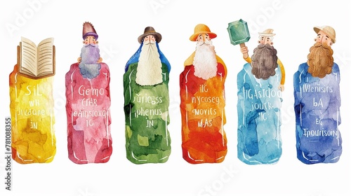 A playful set of watercolor painted tablets representing the Ten Commandments with a cheerful Moses character photo