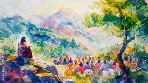 A watercolor scene of the Sermon on the Mount with Jesus teaching amidst a colorful photo