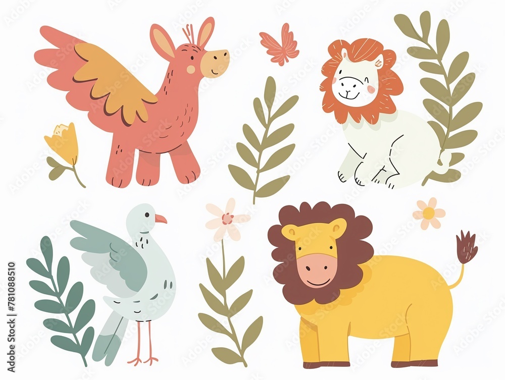 Fototapeta premium Simple joyful illustrations of biblical animals like doves