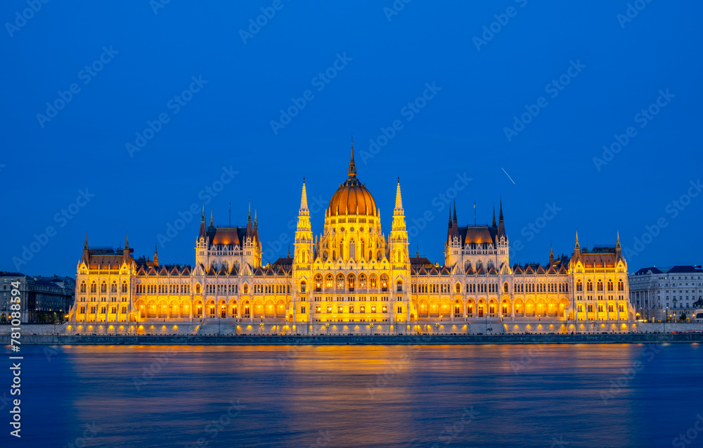 Incredible front view on Parliament building in Budapest with fantastic perfect sky and reflection in water. calm Danube river. Popular Travel destinations. creative image used as background.