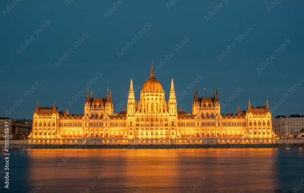 Incredible front view on Parliament building in Budapest with fantastic perfect sky and reflection in water. calm Danube river. Popular Travel destinations. creative image used as background.
