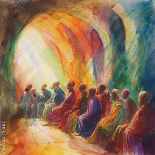 Pastel watercolor scene of the Day of Pentecost