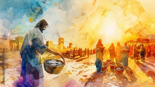 Pastel watercolor illustration of Jesus feeding the 5000 photo