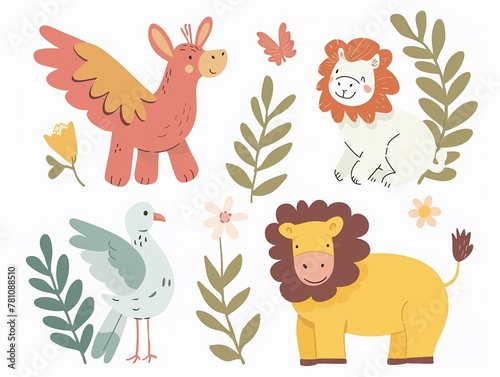 Simple joyful illustrations of biblical animals like doves