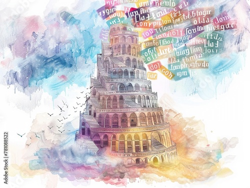 Soft watercolor illustration of the Tower of Babel with a sky blending languages represented by colorful