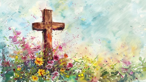 Watercolor depiction of a small rustic wooden cross amidst spring flowers
