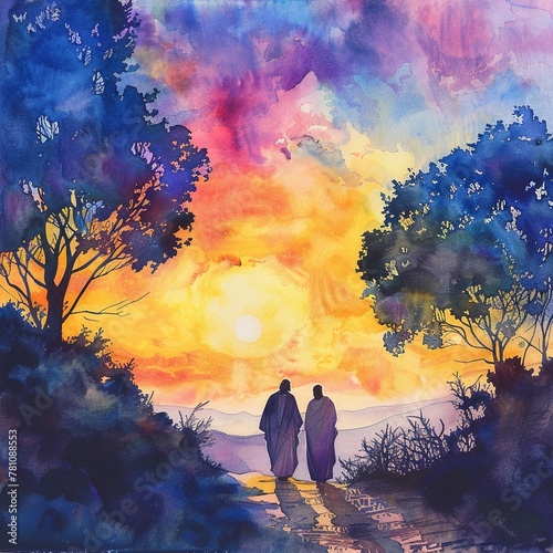 Watercolor illustration of the road to Emmaus