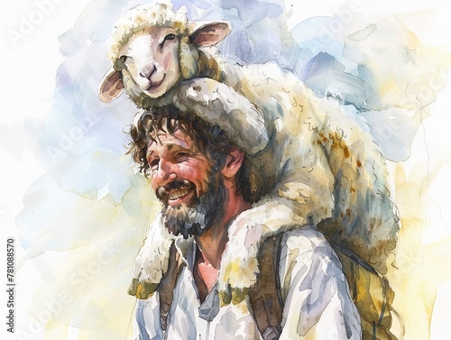 Watercolor rendition of the parable of the lost sheep with a single