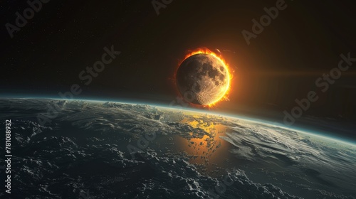 Astronomy: A 3D vector illustration of a solar eclipse, with the moon passing in front of the sun photo