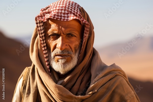 A senior Bedouin man gazes into the distance, his pastel brown attire blending harmoniously with the sandy dunes behind him