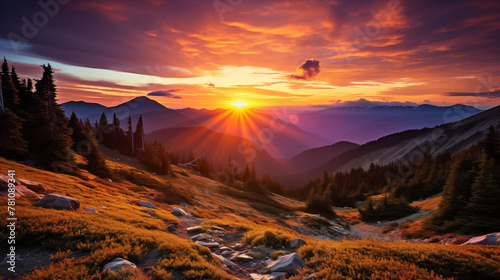 Amazing mountain landscape with colorful vivid sunset. Sunset in summer mountains photo