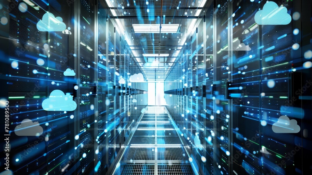Cloud Applications: A server room showcasing web services, with a focus on scalability Cloud Applications: A server room showcasing web services, with a focus on scalability