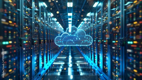 Cloud Applications: A server room showcasing web services, with a focus on scalability