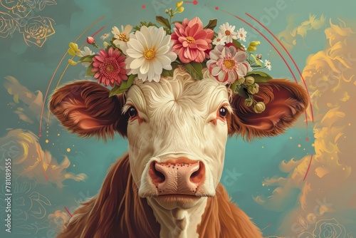 The cow with flowers on its head, wreath of flowers on the muzzle photo