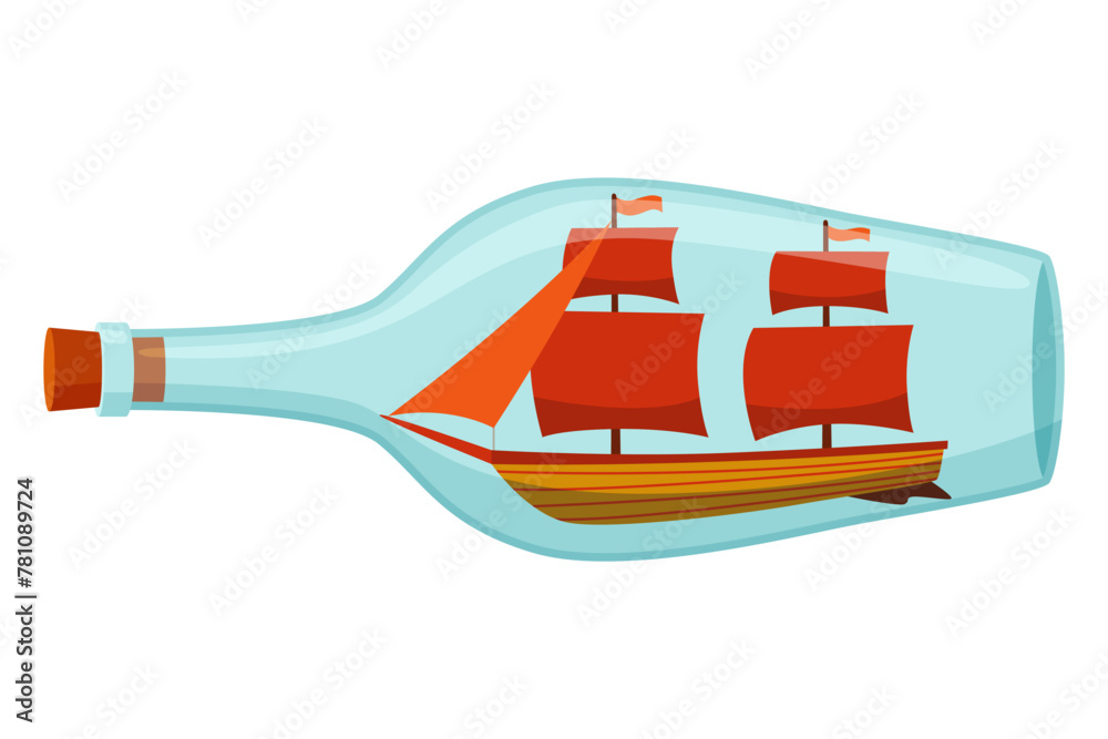 Ships in bottle. Glass with object inside. Miniature model of marine vessel. Hobby craft work and sea theme. Decorative marine souvenir, sailing craft Ships in bottle. Glass with object inside. Miniature model of marine vessel. Hobby craft work and sea theme. Decorative marine souvenir, sailing craft