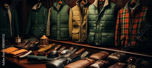 english countryside menswear store during the autumn winter season, highlighting the range of clothing