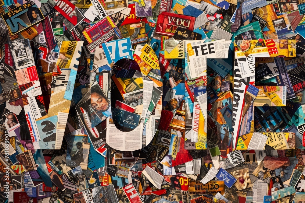 Word VOTE letters cut out from magazines and arranged in a collage style