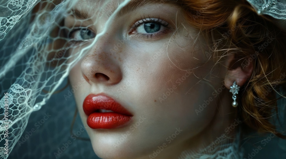 This striking close-up of a redhead under a delicate lace veil captures a juxtaposition of bold red lips and serene blue eyes, embodying a vintage allure. This striking close-up of a redhead under a delicate lace veil captures a juxtaposition of bold red lips and serene blue eyes, embodying a vintage allure.