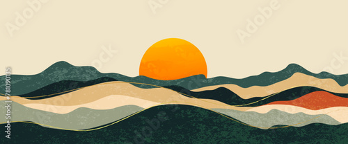 Abstract landscape sunrise background, hills earth tone, sunset. Minimal mountain view illustration design for banner, interior, prints, home decor