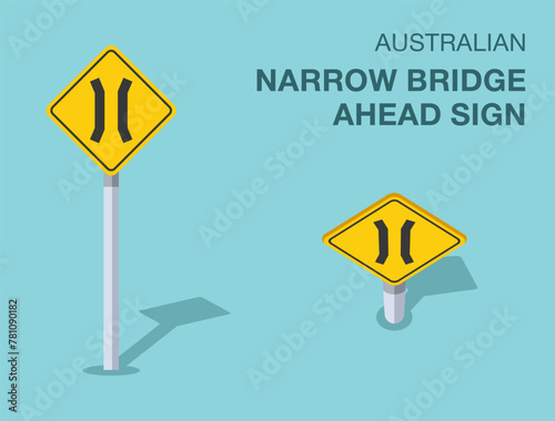 Traffic regulation rules. Isolated Australian "narrow bridge ahead" road sign. Front and top view. Flat vector illustration template.