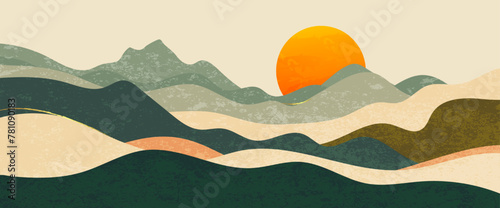 Abstract landscape sunrise background, hills earth tone, sunset. Minimal mountain view illustration design for banner, interior, prints, home decor