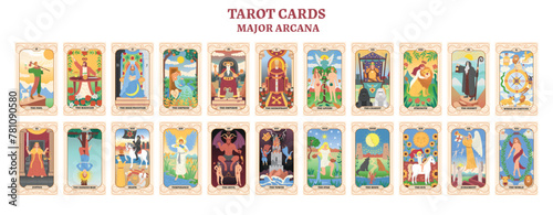 Set of colorful tarot cards. Tarot cards major arcana. flat style.