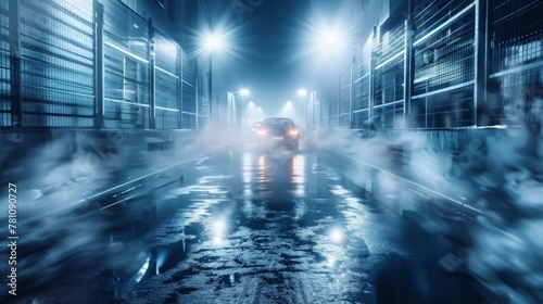 Midnight road or alley with car headlights pointed this way. Wet  hazy asphalt road with construction metal fences on both sides. drag race  crime  midnight activity concept.     