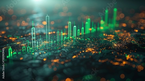 A dazzling display of a capitalistic green chart, this image represents a dynamic financial market with its glowing peaks and valleys over a digital terrain. photo