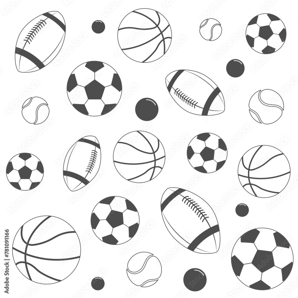 Naklejka premium Vector Sports Balls Gray and White Background. Pattern of Sports Balls for your web site design, logo, app, UI. EPS10.