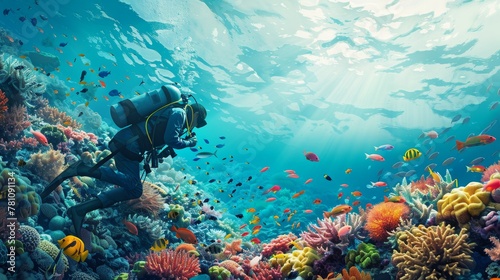 Environmental Science: A 3D vector illustration of a scientist studying the impact of pollution on a coral reef