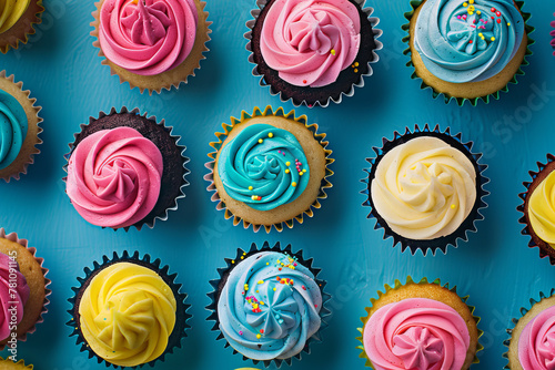 A row of colorful cupcakes with frosting and sprinkles