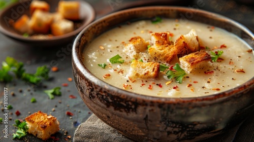 A bowl of soup with croutons and bread