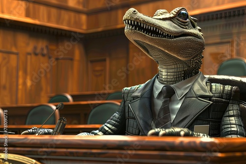 A robot alligator lawyer, in a tailored suit, presents a case in a courtroom, realistic , cinematic style. , low noise , low texture
