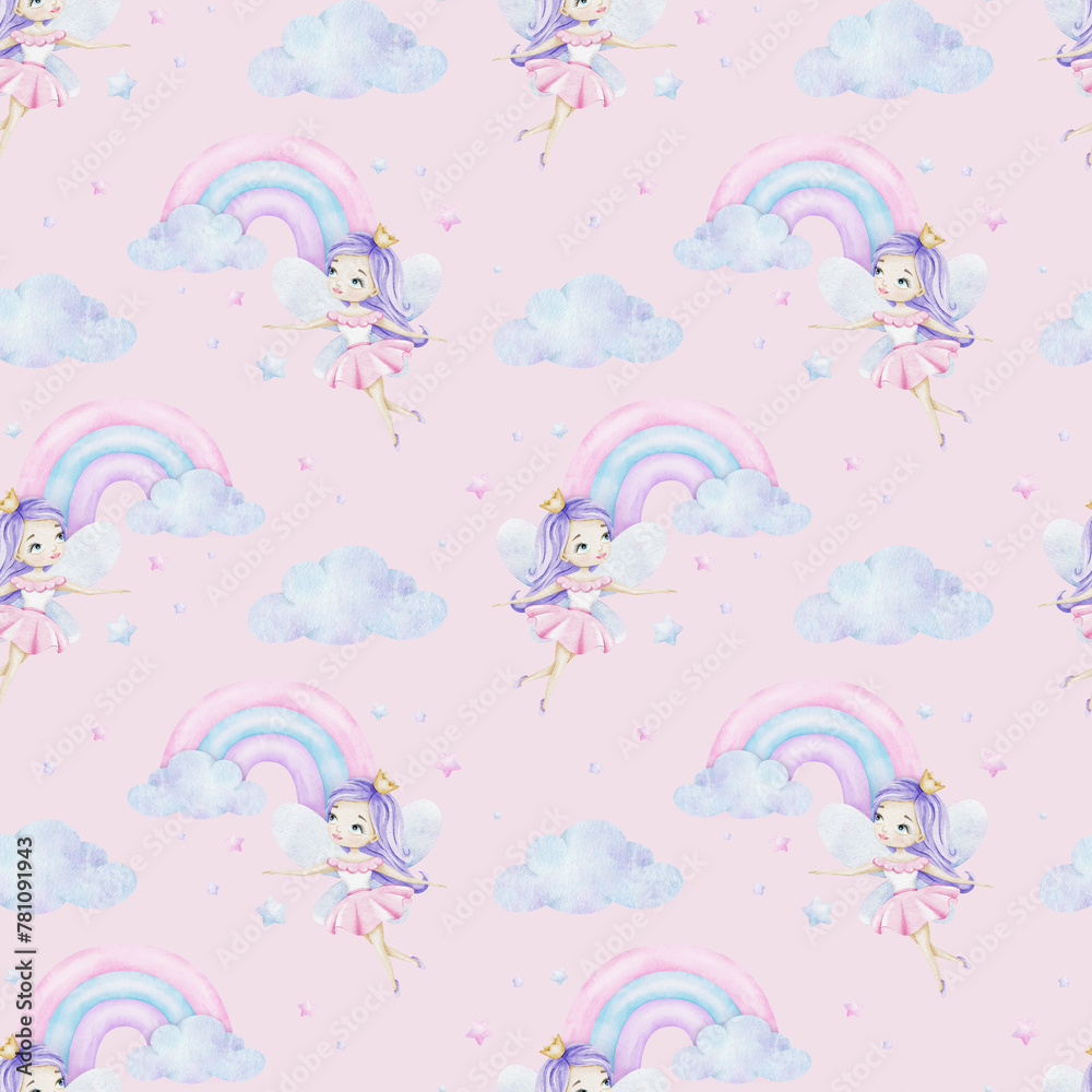 Little fairy with crown, rainbow, clouds and stars. Children's background. Watercolor baby seamless pattern for design kid's goods, postcards, baby shower and children's room