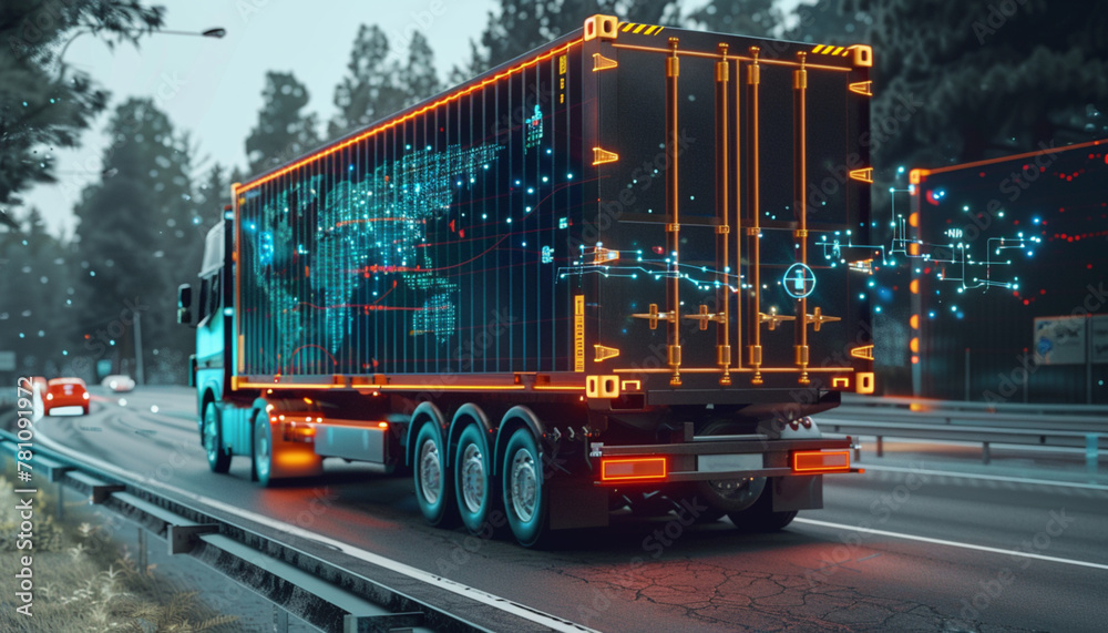 A tractor-trailer carrying a container is driving on the road with digital data graphics and a world map on the container.