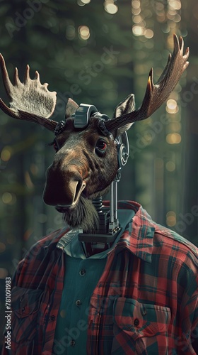 A robot with a moose head, in a lumberjack shirt, tackles the stock market's wilderness, realistic , cinematic style.