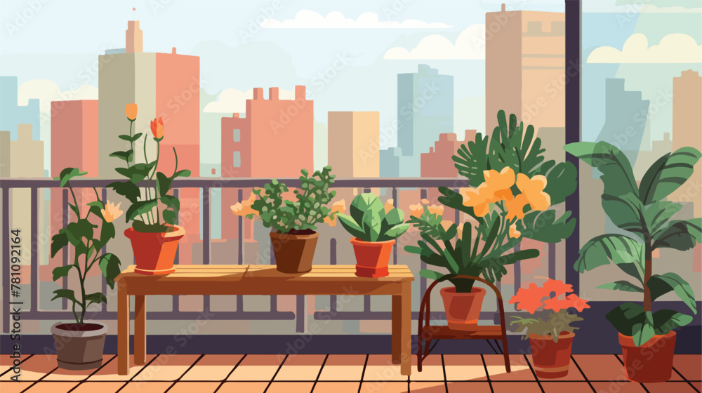 Garden on home balcony with plant in pot vector. Ur