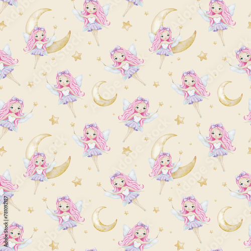 Cute Little fairies crescent moons and stars. Children's background. Watercolor baby seamless pattern for design kid's goods, postcards, baby shower and children's room