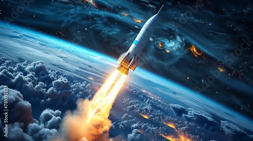 Physics: A 3D vector illustration of a rocket launching into space