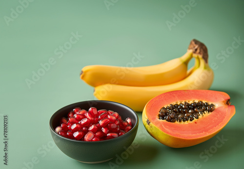 Obstschale mit verschiedenen Früchten auf neutralen Hintergrund. Vitamine gemischt, KI generiert photo