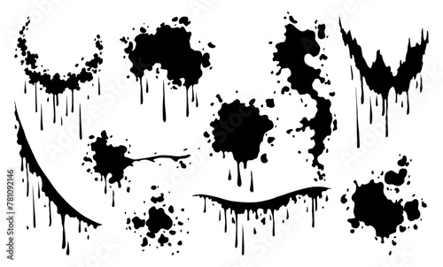 Blood splashes and splatters. Black paint spot drip, drop or stain blot, patch, liquid texture. Abstract grunge dirty mark vector cartoon illustration