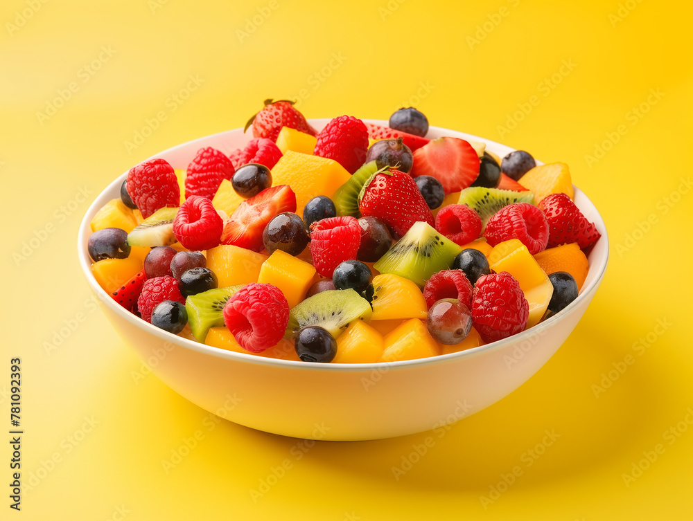 Obstschale mit verschiedenen Früchten auf neutralen Hintergrund. Vitamine gemischt, KI generiert