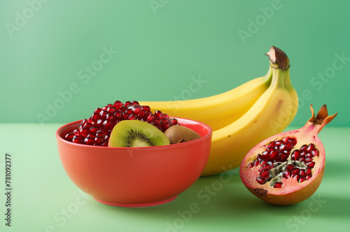 Obstschale mit verschiedenen Früchten auf neutralen Hintergrund. Vitamine gemischt, KI generiert photo